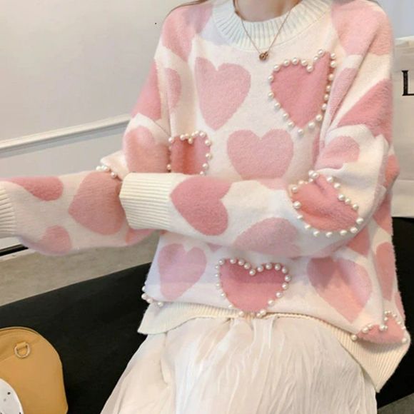 Pearl Beaded Heart Knit Turtleneck Sweater Pullover Women Top - Picture 3 of 10